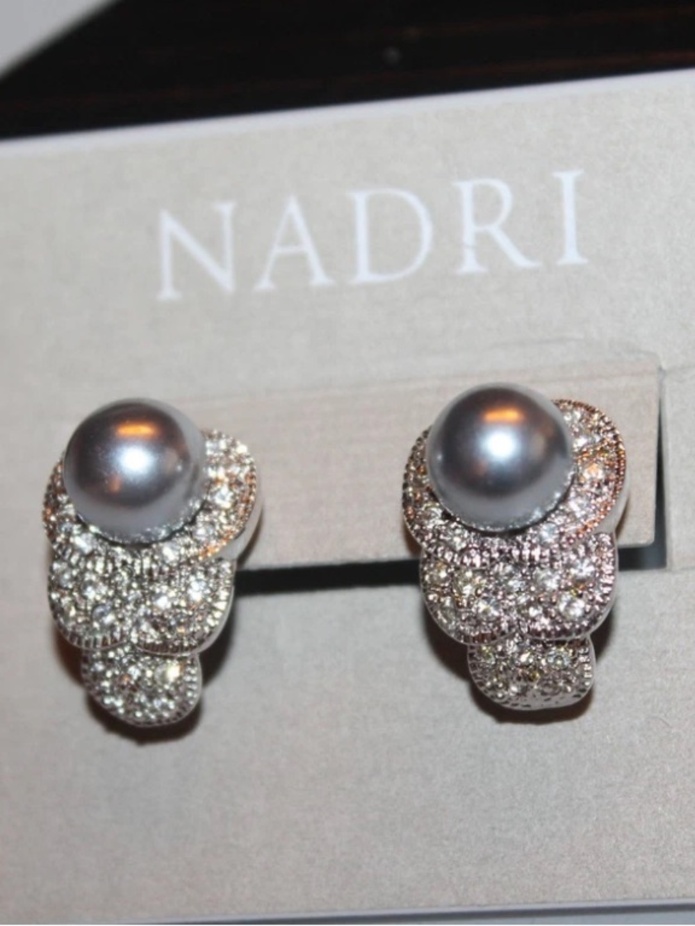 Nadri Silver Crystal & Grey Pearl Statement Earrings